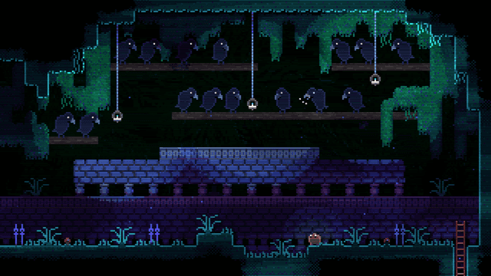 Screenshot from Animal Well of a room with many rows of crows perched high above the player.