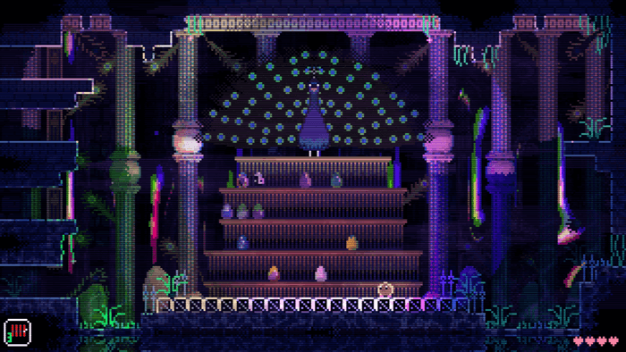 Screenshot from Animal Well of an elegant room with a large peacock sitting above multiple shelves of colorful eggs..